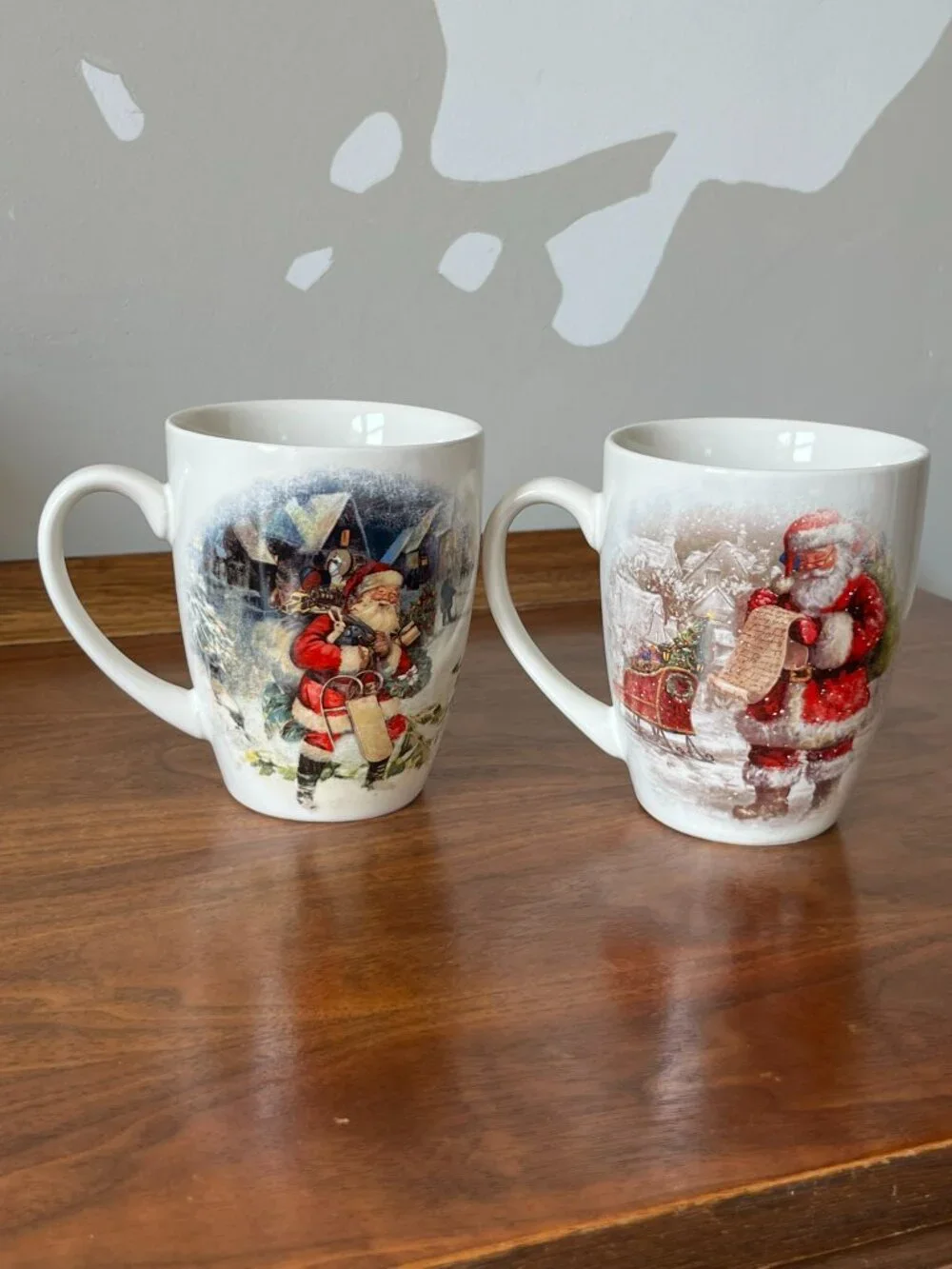 2 Pottery Barn Nostalgic Santa Christmas Village Mugs Stoneware Coffee Cups